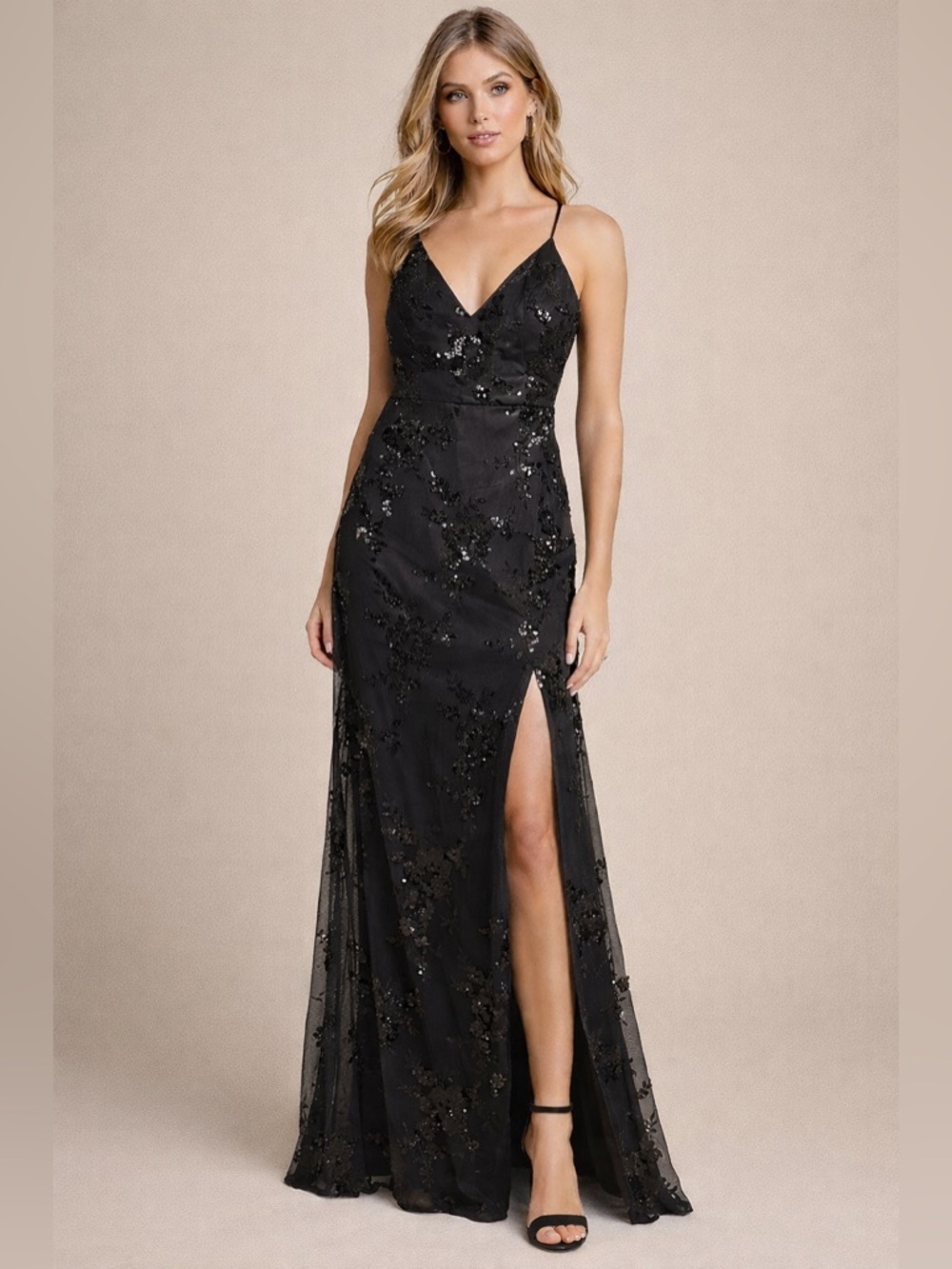 ✨ NWT Black Floral Sequin Maxi Dress – Size 0 ✨Wedding prom Formal